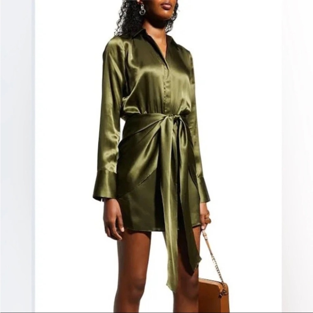 NWT L'Agence Green Winter Moss Atlas 100% Silk Wrap-Effect Dress, Size 8 - Picture 2 of 9